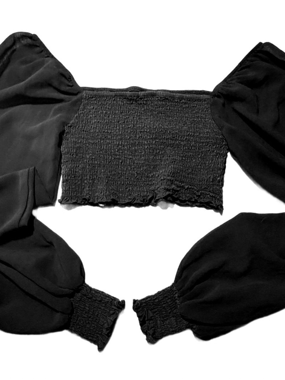 Forever 21 Black Smocked Crop Top Sheer Balloon Puff Sleeves